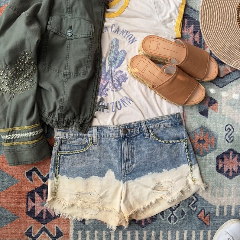Free People Embroidered Denim Cut Off Bleached Lowtide Shorts Distressed Jean 28 image 8