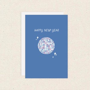 Biglietto di auguri di buon anno, biglietto con palla da discoteca per festeggiare