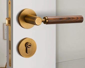 Maniglia a leva moderna per porta interna con serratura di sicurezza, set di serratura con chiavi per interni ed esterni, pomelli per porte in legno di noce, ferramenta vintage in legno per porte.