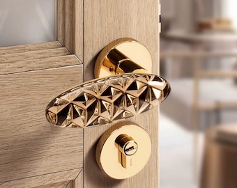Luxury Design Gold Crystal interior door lever handle with secure lock, lock set with keys, solid brass door knobs, luxury brushed finish