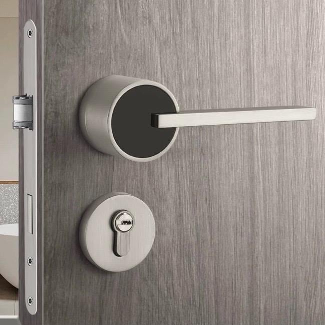Modern design interior door lever handle with secure lock, lock set with keys for indoor, solid brass door knobs, luxury brushed finish