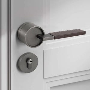May include: A silver door handle with a brown leather grip. The handle has a round, silver keyhole cover.