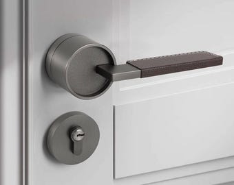 Modern design Leather interior door lever handle with secure lock, lock set with keys for indoor, solid brass door knobs, luxury brushed