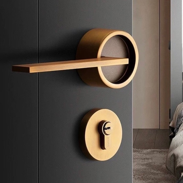 Manilla de puerta interior de diseño moderno con cerradura de seguridad, juego de cerraduras con llaves para interior y exterior, pomos de puerta de latón macizo, acabado cepillado de lujo