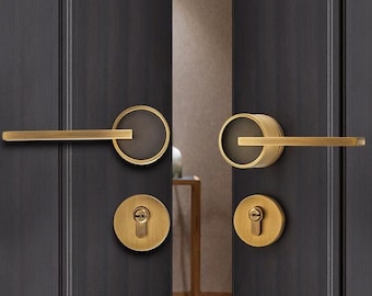 Modern design double door lever handle with secure lock, lock set with keys for indoor, solid brass door knobs, luxury brushed finish
