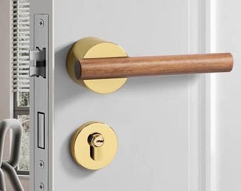 Modern design Walnut Wood interior exterior bedroom door lever handle with secure lock, lock set keys for indoor, solid brass door knobs