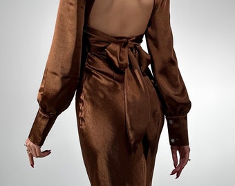 Women's Brown Formal Dress | Silk Midi Gown | Elegant Evening Attire | Brown Prom & Bridesmaid Outfit | Stylish Special Occasion Dress