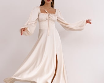 Women's Ivory Maxi Dress | Silk Formal Gown | Elegant Long Sleeve Evening Dress | High-Slit Special Occasion Outfit