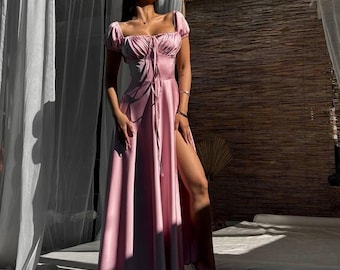 Women's Pink Maxi Dress, Satin Maxi Dresses, Long Dresses, Formal Maxi Dress, Evening Dress, High-slit Maxi Dress, Long Dress With Slit