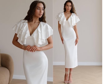 White Ivory Satin Midi Wedding Guest Dress with Deep V Neck Ruffle Elegant Formal Midi Dress Premium Satin