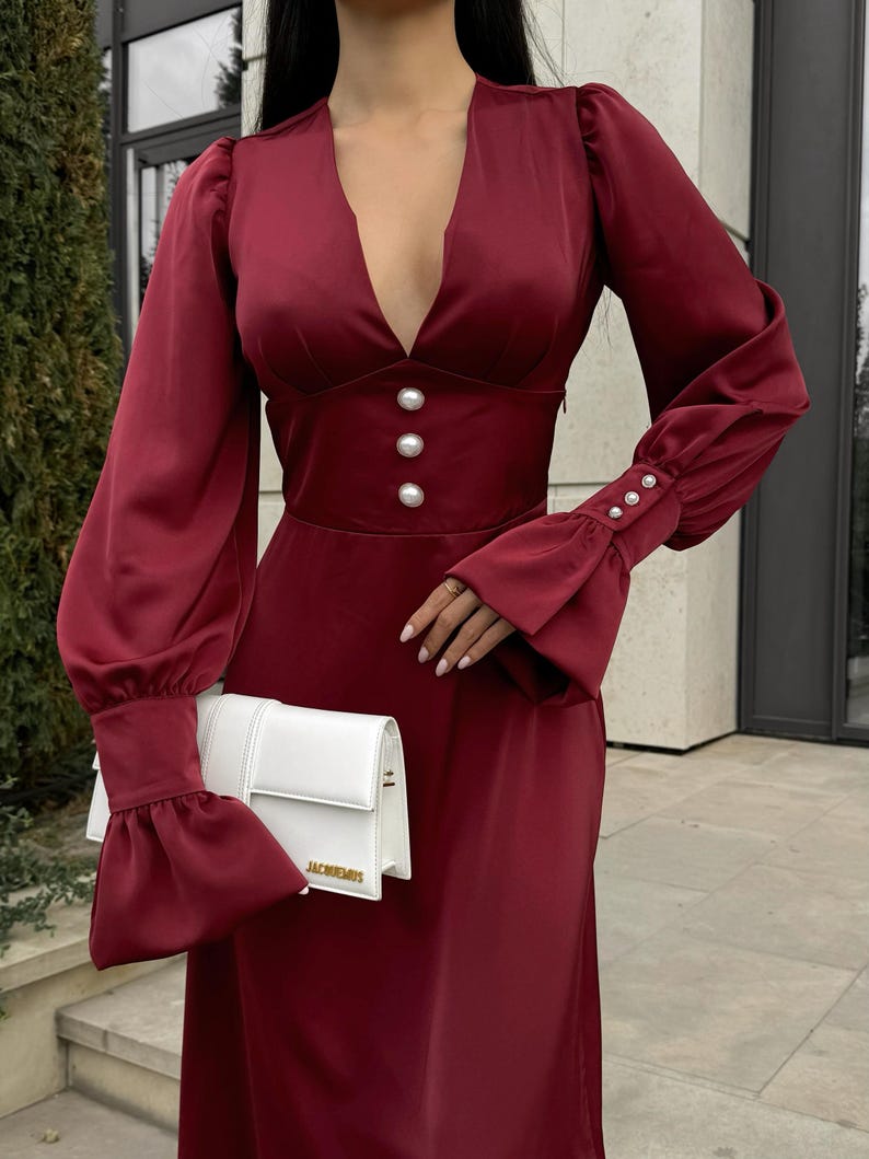 Structure Long Sleeve Midi Dress Burgundy