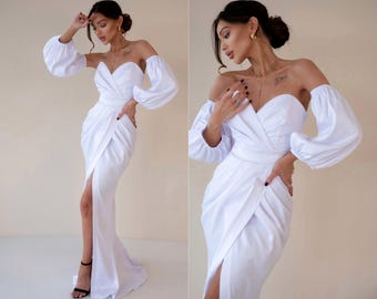 White Corset Wedding Gown with Train and Front Thigh-High Slit | Strapless Maxi Dress | Elegant Civil Ceremony Courthouse Bridal Look