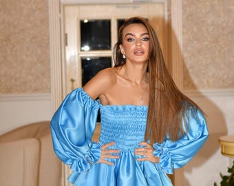 Blue Babydoll Dress, Blue Atlas Dress, Blue Mini Dress, Blue Puff Sleeve Dress, Blue Dress Puffed Sleeve, Blue Dress Women, Blue Prom Dress - Etsy Blue Babydoll Dress, Blue Atlas Dress, Blue Mini Dress, Blue Puff Sleeve Dress, Blue Dress Puffed Sleeve, Blue Dress Women, Blue Prom Dress - Etsy