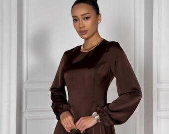 knee length dresses for ladies A line long sleeves brown linen dress for spring 1700#  Xiaolizi