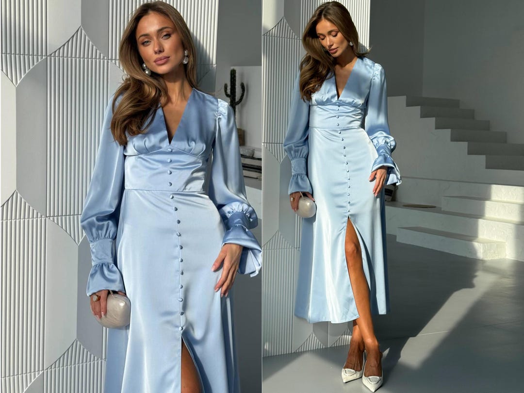 Blue Silk Midi Dress Wedding Guest Elegant Long Sleeve Formal Day Dress ...
