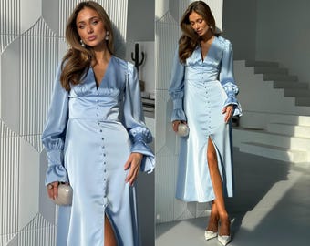 Blue Silk Midi Dress Wedding Guest Elegant Long Sleeve Formal Day Dress with V Neck and Statement Sleeves