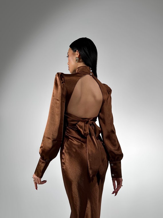 knee length dresses for ladies Meshki Christina Backless Maxi Wrap Gown Brown – WMIYHire main image 1
