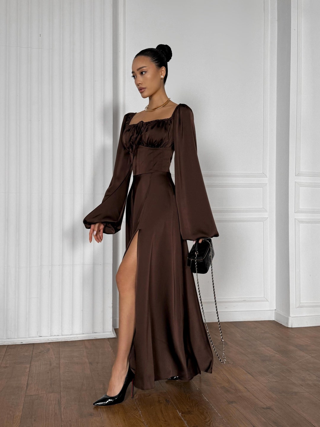 moon river brown long sleeve maxi dress Iris Long Sleeve Satin Maxi Dress / Dark Chocolate | MESHKI main image 0