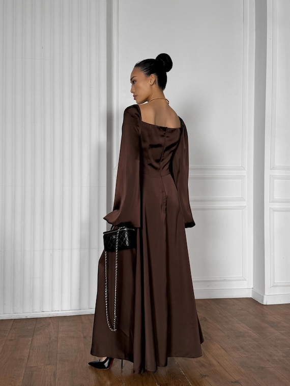 formal & gown brown dress for women Brown Satin Floor Length Prom Dress , Off the Shoulder A-Line Evening Dress US 4 / Brown main image 0