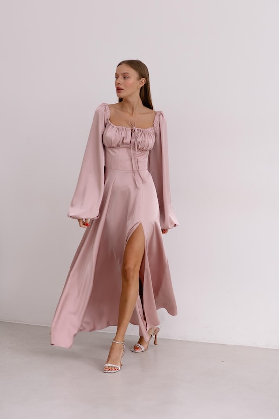 blush rehearsal dinner dress Long Sleeves Blush Silk Dress | Airy A-line Maxi Gown | Formal Evening  Attire | Special Occasion Dress | Rehearsal Dinner Dress for Bride