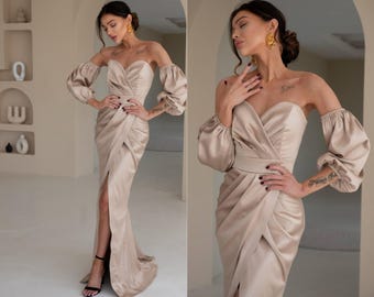 Beige Luxury Corset Gown with Train and Front Thigh-High Slit | Strapless Floor-Length Formal Dress | Elegant Red Carpet Evening Outfit