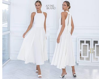 White Midi Dress Beach Wedding Dress, Civil Wedding Dress Women, Backless Bridal Dress, Courthouse Wedding Outfit, Minimalist Bride Dress