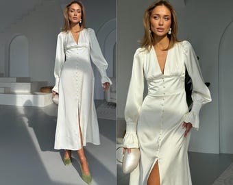 White Silk Midi Wedding Dress | Elegant Long Sleeve Bridal Gown | Civil Ceremony or Courthouse Outfit for Modern Bride