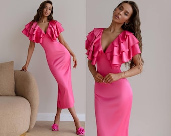 Raspberry Satin Midi Party Dress with Deep V Neck Ruffle Statement Elegant Formal Midi Dress