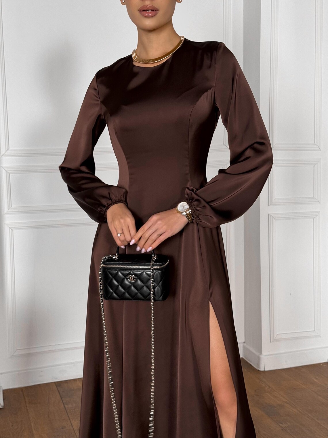 Brown Satin Long Sleeve Dress Elegant High Slit Evening Gown Luxe — free download