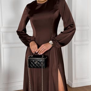 Brown Luxe Silk-Look Long Evening Dress with Fitted Bodice