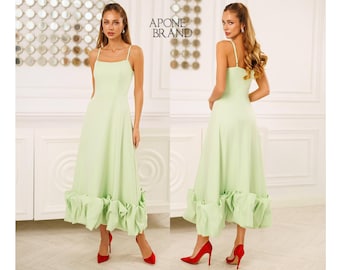 Olive Green Midi Dress Cocktail Dress, Elegant Evening Dress Women, Fitted Chic Occasion Dress, Quiet Luxury Outfit