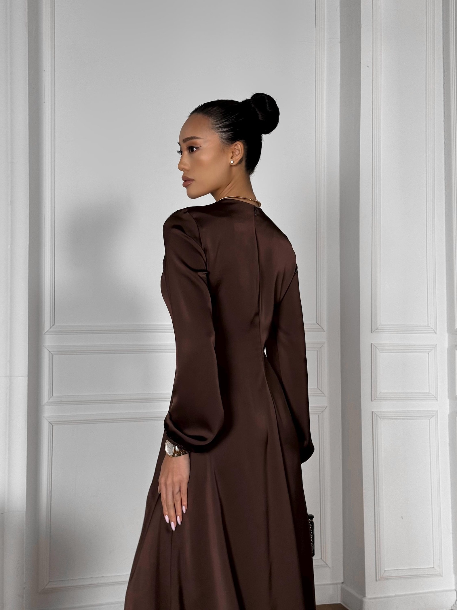 Brown Satin Long Sleeve Dress Elegant High Slit Evening Gown Luxe — free download