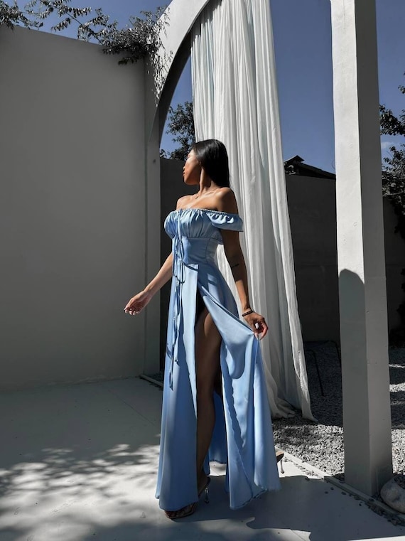 Women's Blue Maxi Dress, Satin Maxi Dresses, Long Dresses, Formal Maxi Dress,  Evening Dress, High-slit Maxi Dress, Long Dress With Slit - Etsy