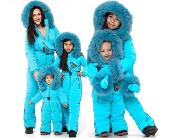 Sky Blue Women’s Family Look Ski Jumpsuit 3 in 1 Set, Waterproof Winter Snowsuit for Matching Outfits, Custom Made Set