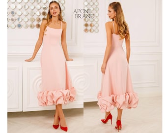 Peach Midi Dress Summer Dress Fitted Dress Ruffle Hem Dress Vacation Dress Romantic Dress Occasion Dress