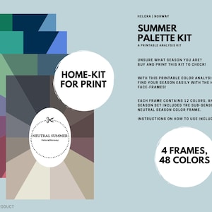 Puede incluir: Kit de análisis de color imprimible para determinar tu estación de color personal. El kit incluye cuatro marcos con 48 colores, cada marco contiene 12 colores. El texto en la imagen dice "Summer Palette Kit", "A Printable Analysis Kit", "Home-Kit for Print", "Neutral Summer", "4 Frames, 48 Colors", y "This is a digital product".