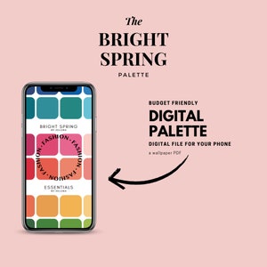 Puede incluir: Una paleta de colores digital para la temporada de color Primavera Brillante. La paleta se muestra en la pantalla de un teléfono inteligente e incluye una variedad de colores cálidos y brillantes. El texto "BRIGHT SPRING BY HELORA" es visible en la parte superior de la pantalla. El texto "FASHION. FASHION. FASHION. FASHION" es visible en un círculo alrededor de las muestras de color. El texto "ESSENTIALS BY HELORA" es visible debajo de las muestras de color.