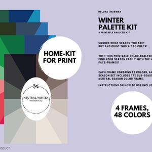Könnte beinhalten: Druckbarer Winter-Farbpaletten-Kit mit 4 Rahmen und 48 Farben. Jeder Rahmen enthält 12 Farben, 3 Unter-Jahreszeiten und 1 neutrale Farbe. Anweisungen zur Verwendung sind enthalten.