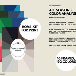以下が含まれることがあります： あなたの季節を決定するための印刷可能なカラー分析キット。キットには、12色ずつの16フレームが含まれており、合計192色になります。画像のテキストは、「All Seasons Color Analysis Kit」、「Home-Kit for Print」、「Neutral Winter」、「16 Frames, 192 Colors」、「This is a digital product」です。