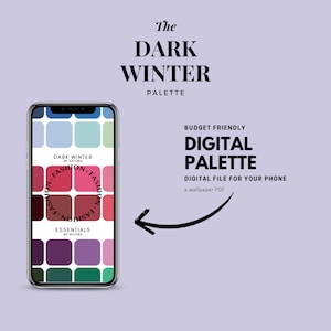 Pode incluir: Uma paleta de cores digital para a estação de cores Inverno Escuro. A paleta é exibida na tela de um smartphone e inclui uma variedade de cores, incluindo vermelhos, azuis e verdes profundos. O texto "Dark Winter Fashion Essentials by Heloba" é exibido na tela.