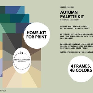 May include: Printable Autumn Palette Kit for colour analysis, featuring 4 frames with 48 colours. The image displays colour swatches in shades of green, blue, red, and beige. Text on the image says "Home-Kit for Print".
