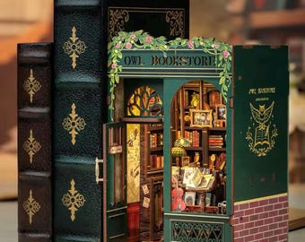 DIY Owl Bookstore Book Nook Kit: Miniature Wooden Dollhouse with Lights Decoration Desktop Bookshelf