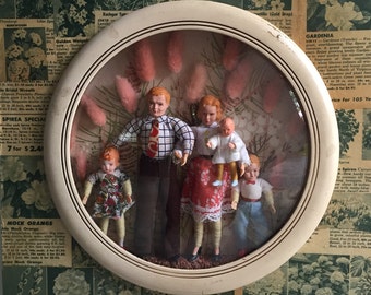 The Young Family. Original vintage found object doll assemblage wall art