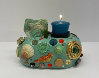 Peculiar Specimens Mixed Media Candleholder with Found Objects