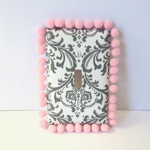 MADE TO ORDER Gray Damask Light Switch Cover Plate with pom pom trim  (available in other sizes)