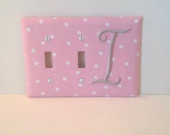 MADE TO ORDER Double Monogrammed Fabric Covered Light Switch Cover Plate Pink with White Polka Dots
