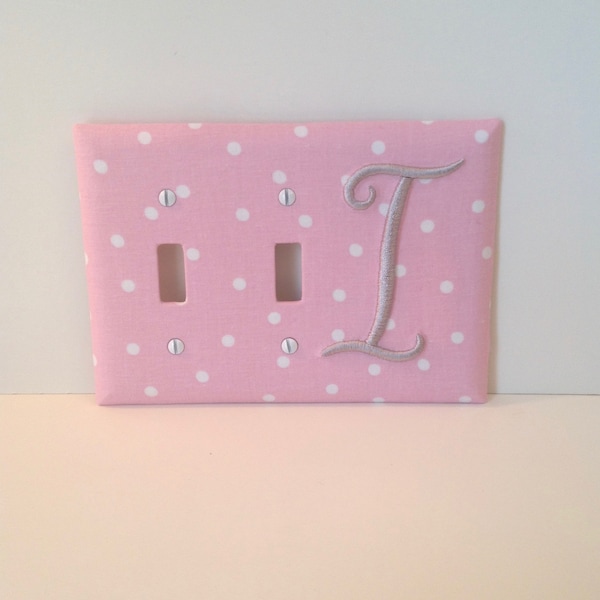 MADE TO ORDER Double Monogrammed Fabric Covered Light Switch Cover Plate Pink with White Polka Dots