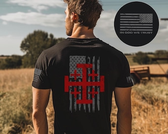 Jerusalem Cross T-Shirt - Crusader Patriotic American Flag Christian Shirt In God We Trust