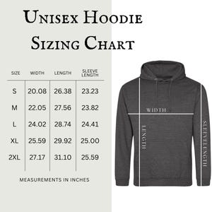 May include: A dark gray unisex hoodie with a sizing chart. The chart shows measurements in inches for width, length, and sleeve length for sizes S to 2XL. The hoodie is displayed with lines indicating width, length, and sleeve length.