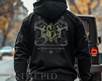 Non Nobis Domine Knights Templar Hoodie | Crusader Helmet Crossed Swords Sweatshirt or T-Shirt